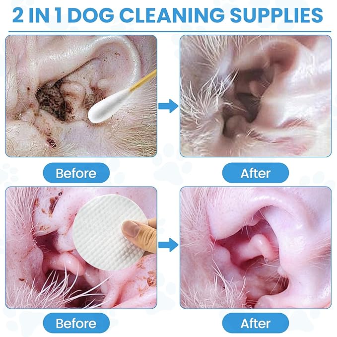 450PCS Dog Ear Cleaning Kit in Storage Box - 6" Long Cotton Swabs for Dogs with Dry Cleaning Pads - Large Cotton Head, Lint-Free, Highly Absorbent, Specially Designed for Use with Dog Ear Cleaner