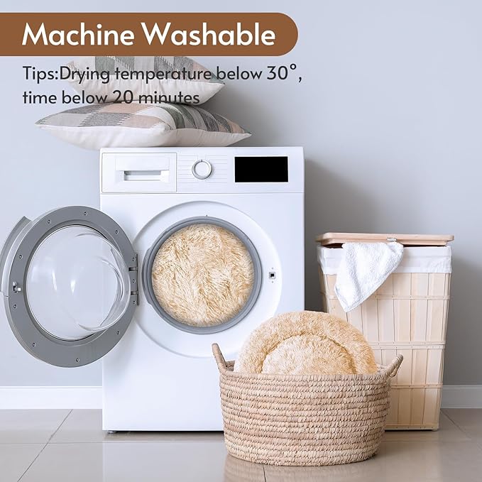 JOLLYVOGUE Small Dog & Cat Beds for Indoor Cats, Donut Cuddler Warming Soft Dog Beds with Anti-Slip Bottom, Round Calming Fluffy Plush Faux Fur Cushion Bed for Small Dogs (23", Off White)