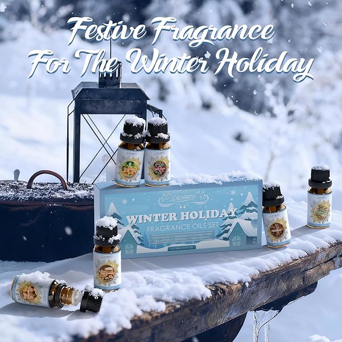 SALUBRITO Winter Fragrance Oils Set, Holiday Essential Oils for Diffuser, Candle, Soap Making - Christmas Tree, Cinnamon, Gingerbread, Candy Cane, Spiced Cider, Sugar Cookies Scented Oil