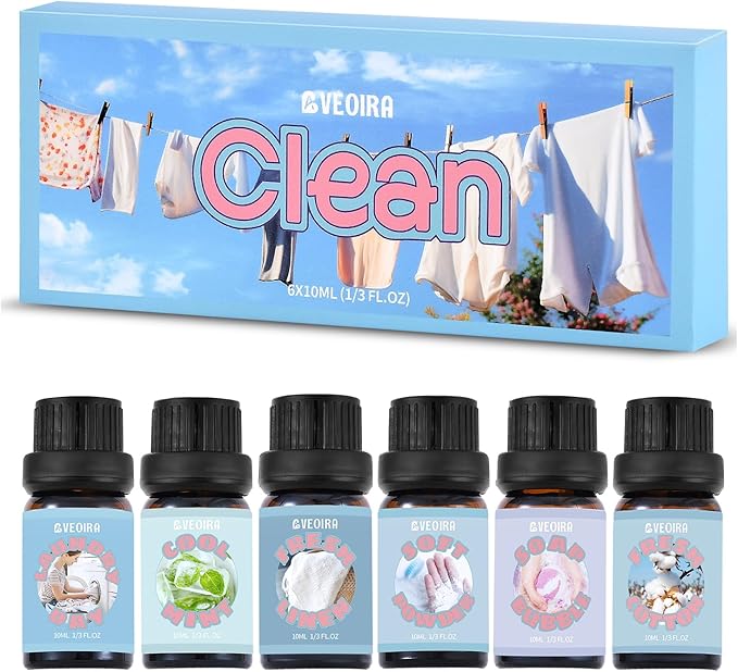 Clean Fragrance Oils Set, AVEOIRA Essential Oils Set for Diffuser, Candle, Soap Making Scented Oils, Fresh Linen, Cool Mint, Soap Bubble, Laundry Day, Soft Powder, Fresh Cotton, 6x10ml