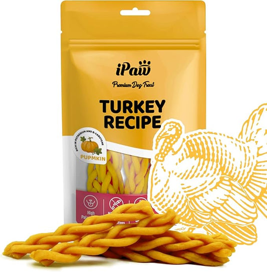 iPaw Turkey Dog Treats, All Natural Human Grade Dog Treat, Suitable for Training chew, US Sourced Raw Material, Hypoallergenic, Rawhide Alternative, Braided Stick (Pumpkin)