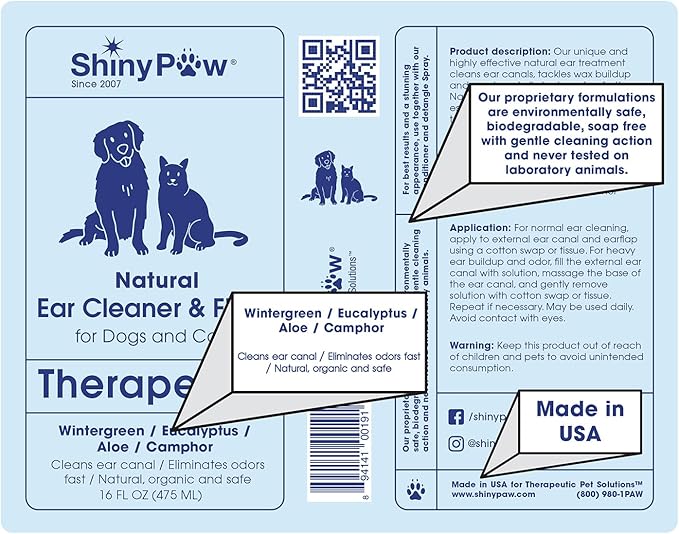 Dog Ear Cleaner Solution for Dogs & Cats 16 oz by Shiny Paw | Wintergreen, Camphor & Aloe – Gentle Ear Flush for Pets Health | Dog Ear Wash | Made in The USA
