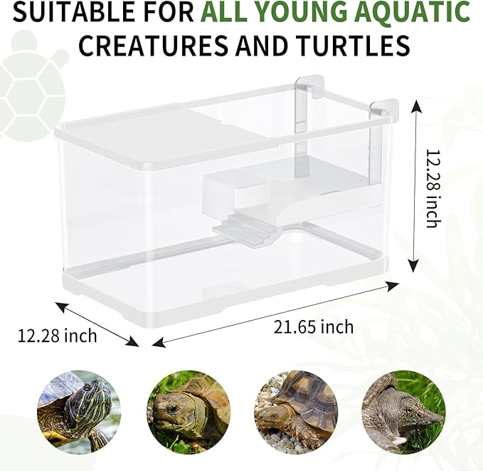 (Tank + Light + Filter + Filter Balls) Turtle Tank Kit, Turtle Tank Starter Kit,Bottom Drainage, Multi-Function Areas for Turtles, Crabs,Fishes, Amphibians,Reptiles. (21.65 × 12.28 × 12.28 Inch)