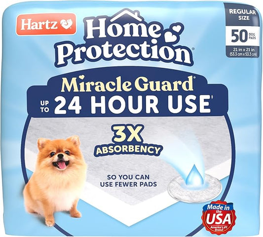 New! Hartz Home Protection Miracle Guard Dog Pads, Regular Size 50 Count, 3X Absorbency & 3X Longer use, Won't Leak and Odor Eliminating