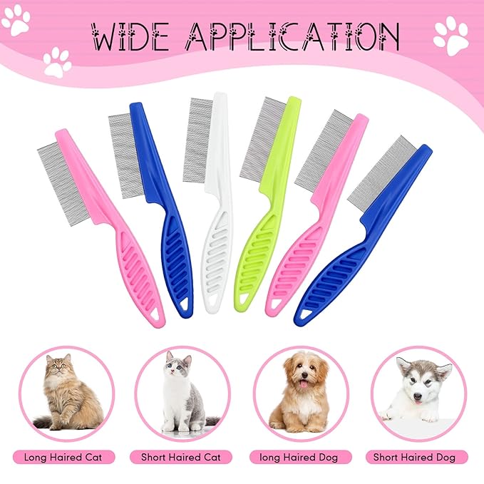 10 Pcs Flea Comb for Dogs and Cats Flea Remover Tool with Stainless Steel Metal Teeth for Detangling Grooming Kit, Pink, Blue, White and Green, 2 Sizes