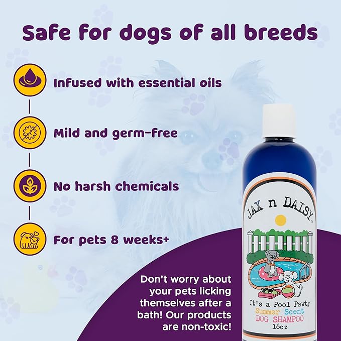 Jax n Daisy it s a Pool Pawty Summer Scent Dog Shampoo Essential Oil Shampoo for Dogs Gentle Dog Hair Cleanser Fresh Clean Cruelty Free Vegan Fur Made in The USA 16 oz