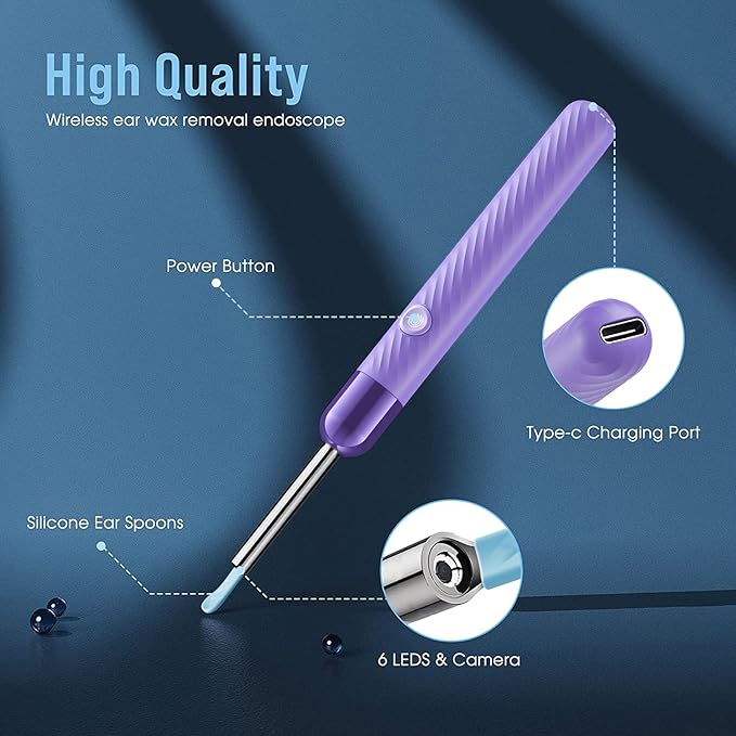 Ear Wax Removal - 1080P Camera Earwax Remover Tool - Ear Canal Cleaner - Ear Cleaning Kit - Ear Camera for iOS & Android (Purple)