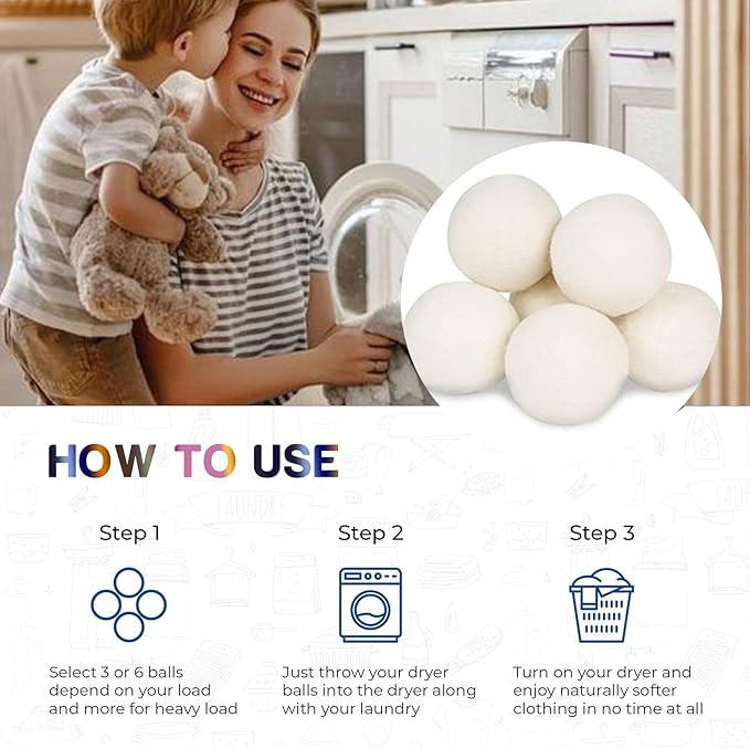 Wool Dryer Balls Laundry Reusable, Lint Remover Washing Balls Reusable Dryer Balls Pet Hair Dryer Ball Lint Remover for Laundry Pet Fur Remover for Laundry Bedding Clothes(Pack of 6)