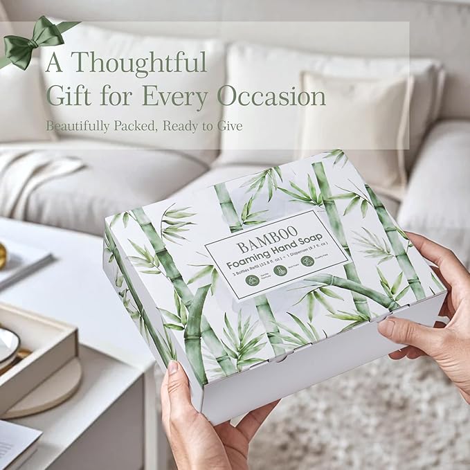 ROMIIE ZOI Foaming Hand Soap Refill Gift Set – 3 Pack (1000ML Each) with Dispenser – Bamboo Scent – Gentle & Moisturizing Plant-Based Formula – Bulk Refill Bottles for Bathroom & Kitchen Use