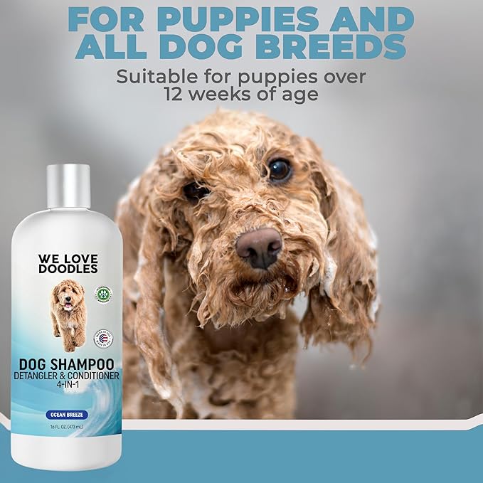 We Love Doodles Dog Shampoo, Conditioner, & Detangler - Shampoo for Dogs, Goldendoodles, Poodles & Doodles, for Matted Pet Hair & Sensitive Skin, Made in The USA, Ocean Breeze, 16 oz