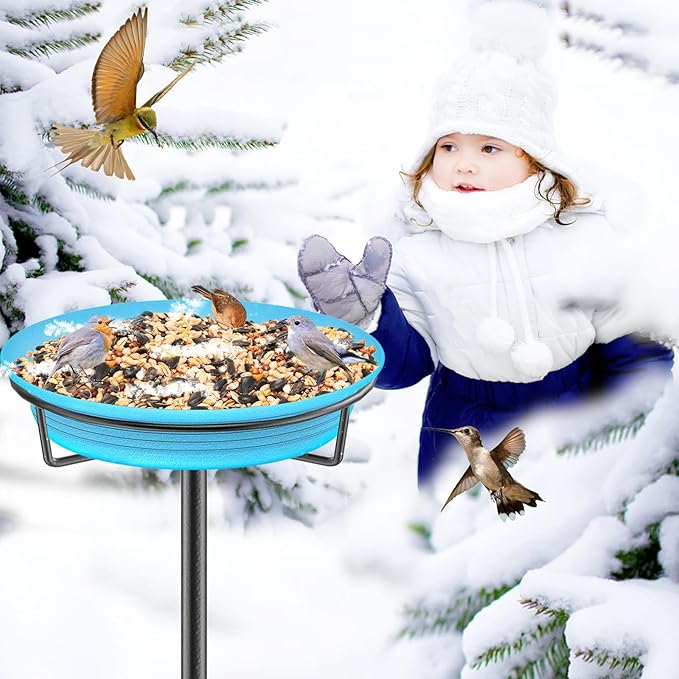 35.5In Freestanding Birdbaths Bowl Outdoor, Free Standing Garden Bird Bath Bird Feeder Bowl with Metal Stake, Detachable Decoration Spa Birdfeeder for Garden Patio Yard Lawn, 4 Spiky Feet (Blue)