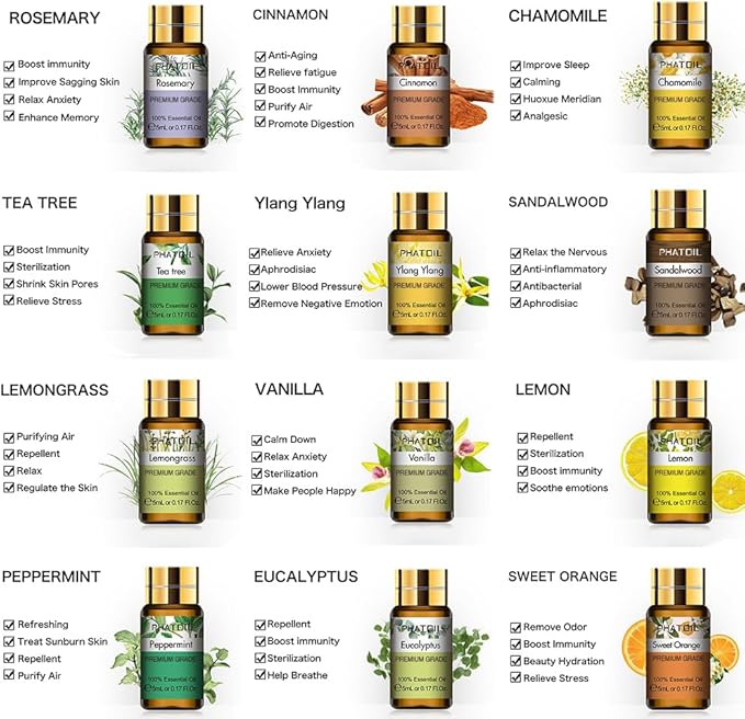 PHATOIL Essential Oil Set, 12x5ml Essential Oils Gift Set with Diffused Wood, 100% Natural Pure Essential Oils for Diffusers DIY Candle Soap Making