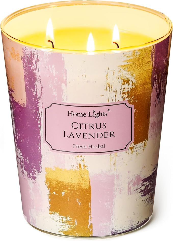 HomeLights Citrus Lavender Scented Candles | 34oz Soy Candles Scandinavian Minimalist Design 3-Wick Large Candle Jars | Ideal Candle Gifts for Events, Home Decor Stress, Relief & Relaxation