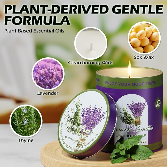 Lavender&Thyme Scented Candle Set | 2Pack 510g 8% Essential Oil, 80H Burn Time | Smokeless Clean-Burning Soy Wax Tin Jar Aromatherapy Candle for Relaxation & Sleep Aid | Candle Gift Set Women&Men