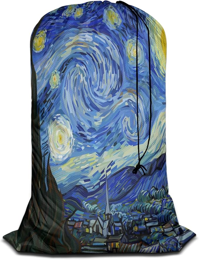 Swono Sturdy Laundry Basket Hamper, Starry Night Abstract Art Foldable Laundry Bag Clothing Organization for Bathroom, Bedroom Home Dorm Travel, Blue Oil Painting