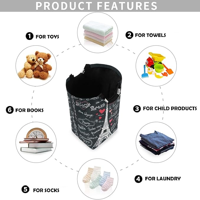 visesunny Large Capacity Laundry Hamper Basket Eiffel Tower France Paris Love Oxford Cloth Storage Baskets for Bedroom, Bathroom, Dorm, Kids Room