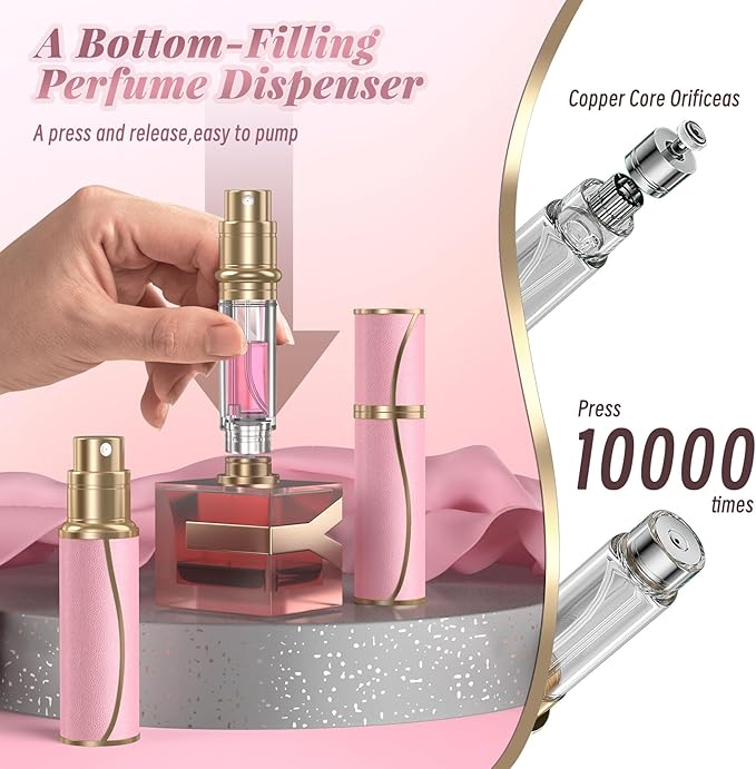 10ml Perfume Travel Atomizer,Genuine Leather Bottom Filling Refillable Perfumes Bottle,Mini Cologne Fragrances Dispenser,Portable Sprayer Pocket Size for Plane Trip Gift 0.34oz (Pink)