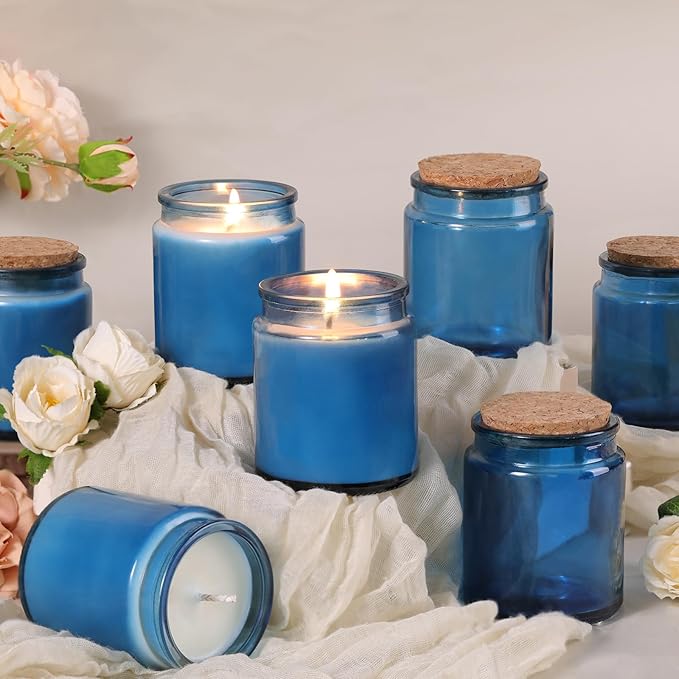12Pcs Blue Candle Jars for Making Candles, 7.5oz Glass Jars with Wooden Lids and Labels, Candle Containers for DIY, Gifts, Candle Making Supplies, Table Decor