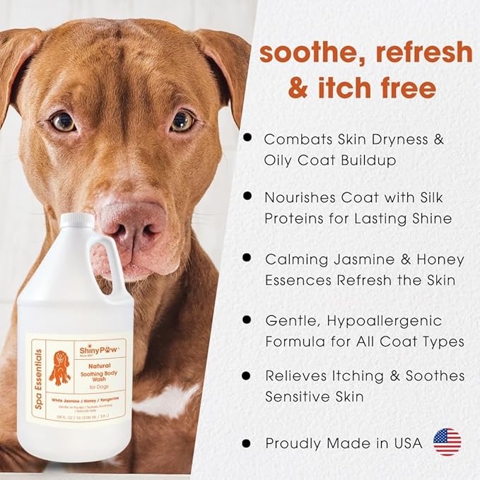 Jasmine & Honey Spa Body Wash for Dogs by Shiny Paw | Dog Itchy Skin Relief & Aging Coat | Hypoallergenic Dog Shampoo for Smelly Dogs | Made in USA (128 oz, White Jasmine, Honey & Tangerine)