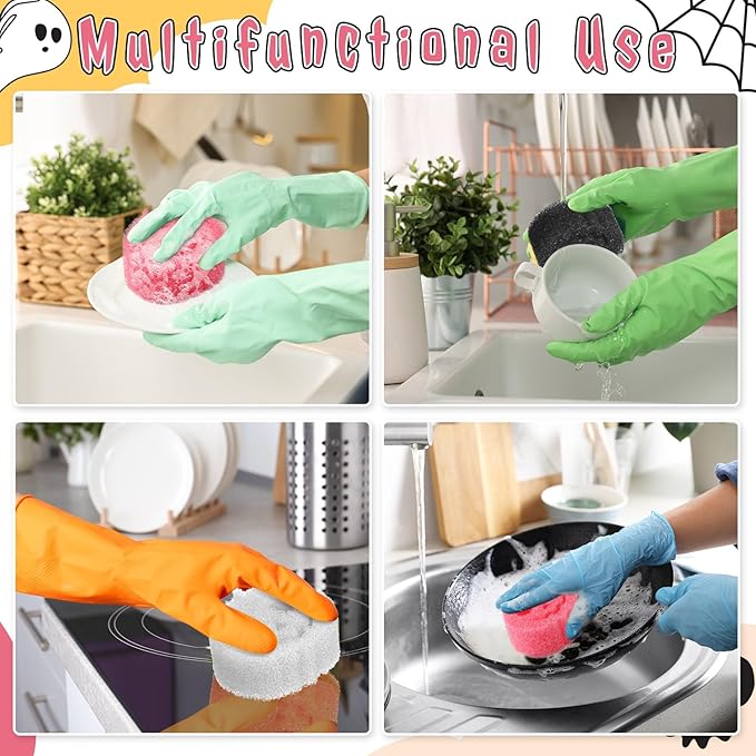 3 Pcs Dual Sided Scrub Sponge Multi Functional Cute Temperature Sensitive Non Scratch Dish Sponge for Washing Dishes Kitchen Bathroom(Halloween Pumpkin,Pink, Black, White)