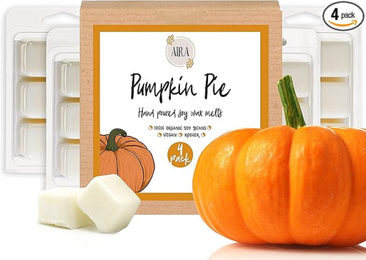 Aira Fall Wax Melt - Organic, Vegan, Kosher, Scented Soy Wax Cubes w/Essential Oil Blends - No Chemical 100% Soy Wax Melts for Electric/Tealight Melters - Hand-Poured Soy Tarts - Pumpkin Pie - 4 Pack