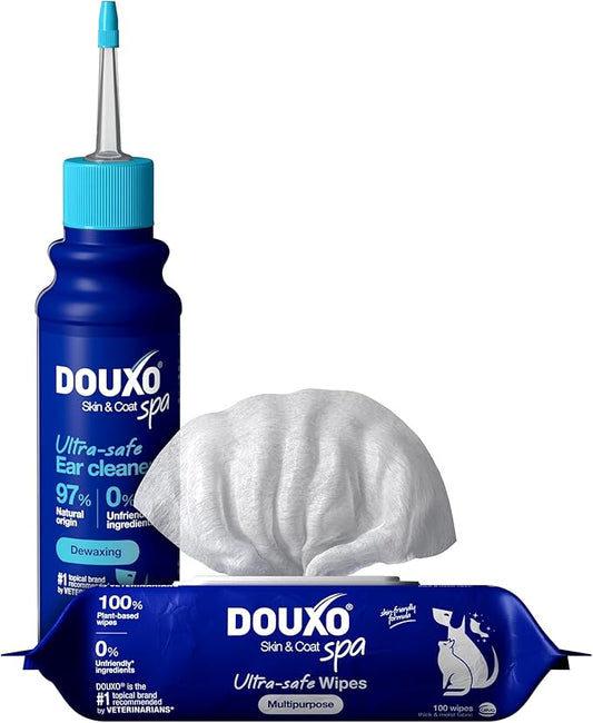 DOUXO® Skin & Coat SPA – Ultra-Safe Combo for Dogs & Cats, Multipurpose Wipes (100 Count, Cleans & Refreshes Coat) + Dewaxing Ear Cleaner (4.1 fl oz, Safely Dewaxes Ears)