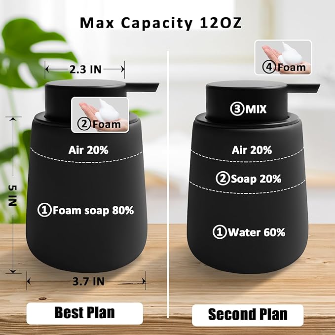 Soap Foaming Dispenser Ceramic with Easy-to-Press Pump Hand Foam Dispenser for Shampoo Bathroom Kitchen 12 oz 2pcs