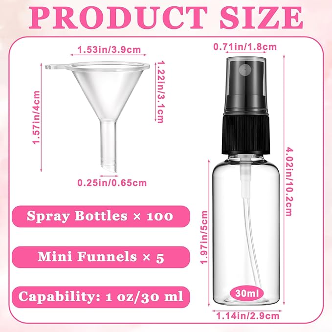 100 Pcs Mini Clear Spray Bottles 1 oz/30ml Clear Fine Mist Spray Bottle with 5 Pcs Funnels Plastic Empty Refillable Spray-Bottle for Cleaning, Plants, Misting, Skin Care