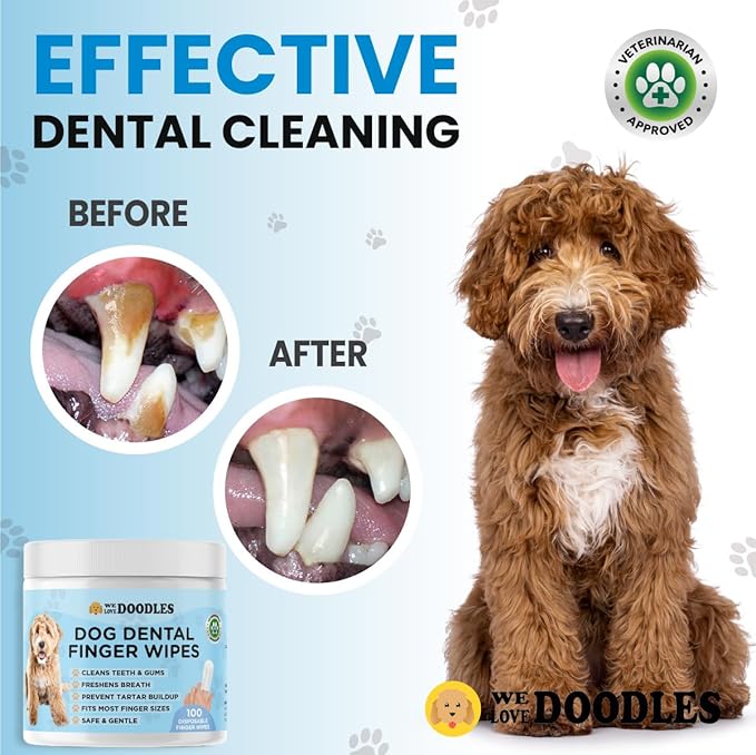We Love Doodles 100pcs Dog Teeth Cleaning Wipes & Puppy Shampoo Bundle - Pet Dental Finger Wipes for Dogs, Organic Ingredients, Tear Free, Shampoo for Puppies, Sensitive & Itchy Skin Wash