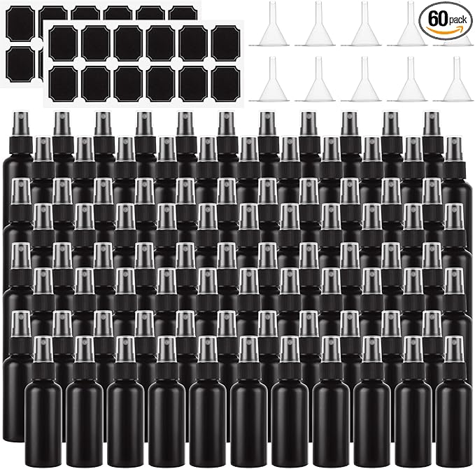 60 Pack Small Spray Bottle 2 oz Black Spray Bottle with Small Fine Mist Spray and Plastic Cap, Refillable for Essential Oils, Bath, Beauty, Hair & Cleaning