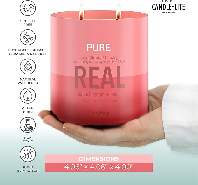 Candle-Lite Pure Apple Blossom & Neroli Odor Eliminating Scented Candles, Neofresh Technology Eliminates 99.9% of Odors, 16 oz 2-Wick Jar, Proudly Poured in The USA, Up to 60 Hours Burn Time