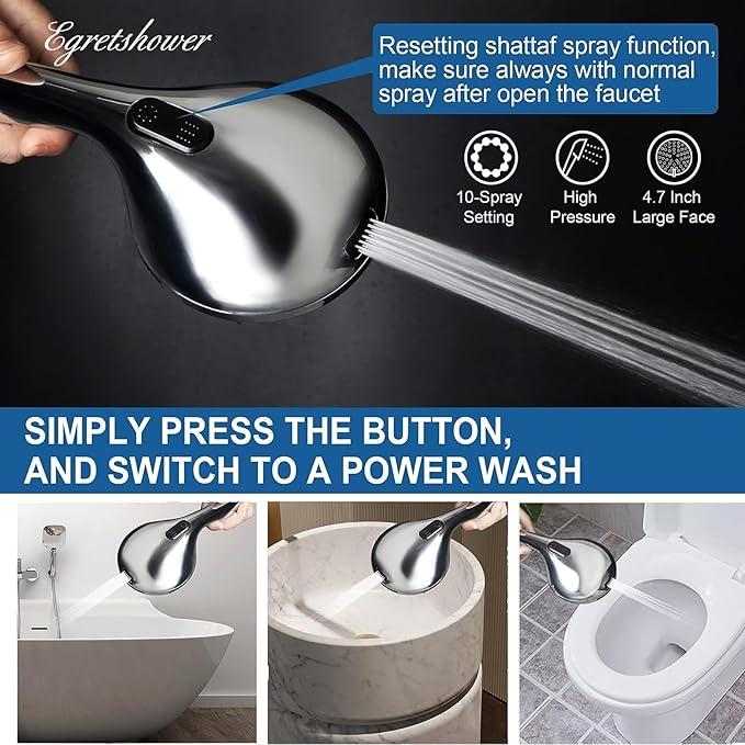 High Pressure Handheld Shower Head, 10-Setting Showerhead, 4.7”Detachable Showerhead Set with 5ft Hose, Adjustable Bracket and Built-in Power Wash to Clean Tub, Tile & Pets - Polished Chrome