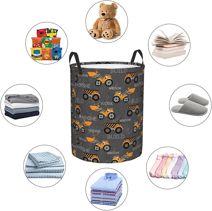 Cute Excavator Engineering Vehicle Laundry Hamper Bag With Waterproof Liner - Round Laundry Basket Foldable Clothes Storage Organizer For Bathroom Bedroom Nursery Dorm, S-16.5"X 13.8"