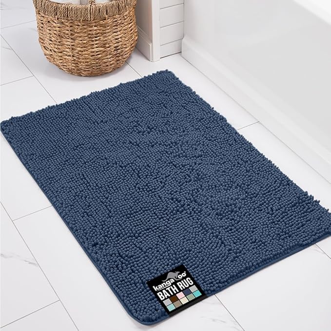 KANGAROO Bathroom Rugs, Chenille Soft Absorbent Bath Rug, Shaggy Shower Mat, Quick Dry Machine Wash Bathmat, Plush Carpet Mats for Tub, Bathtub and Room Home Decor Accessories, 24x17, Navy