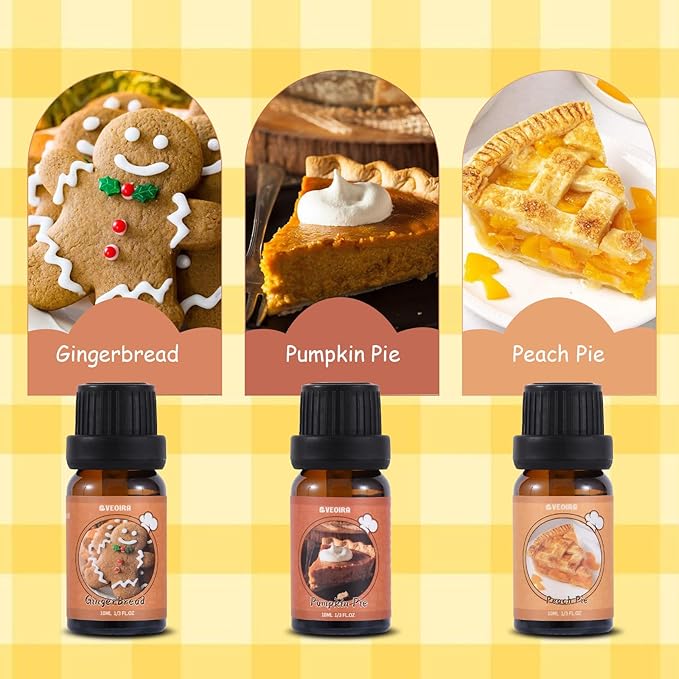 Bakery Fragrance Oils Set, AVEOIRA Sweet Essential Oil Set for Diffuser, Candle, Soap Making Scented Oils, Peach Pie, Pumpkin Pie, Snickerdoodle, Coffee Cake, Sugared Cookies, Gingerbread, 6x10ml