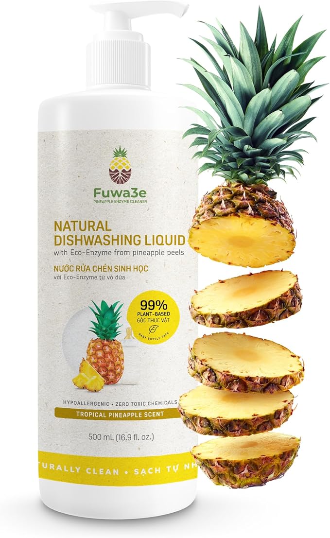 Fuwa3e Pineapple Enzyme Natural Dish Soap Tropical Pineapple Scent - 16.9oz 1 Pack - 99% Plant Based Dish Liquid - Hypoallergenic Dish Soap from Discarded Pineapple Peels