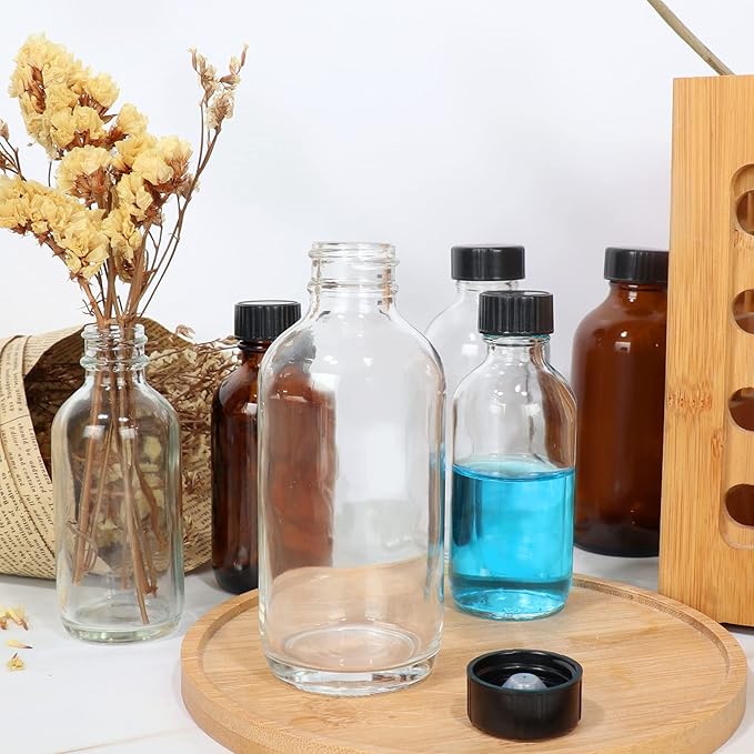 15 Pack Glass Clear Boston Bottles with Black Poly Cone Cap, 4 oz Round Glass Bottle for Essential Oil, Perfume and Liquid, Contains 24 Colored Labels, 2 Funnels, 1 Brush