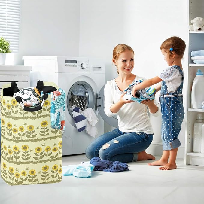visesunny Retro Sunflower Floral Large Laundry Hamper with Handle Foldable Laundry Basket Toys and Clothing Organization for Bathroom, Bedroom, Home, Dorm, Travel