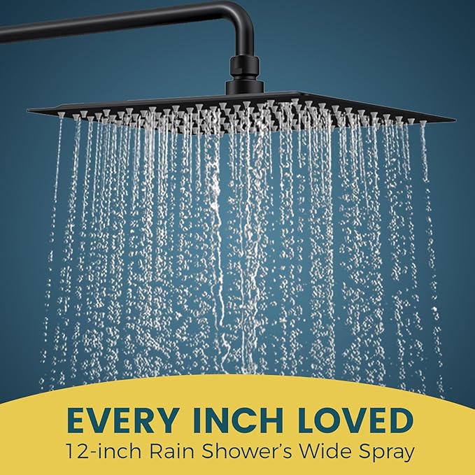 12 Inch Rain Shower Head with 8-Setting Handheld Spray Combo,Black Shower heads with Height Adjustable Shower Arm, Slide Bar with Holder, Stainless Steel Hose