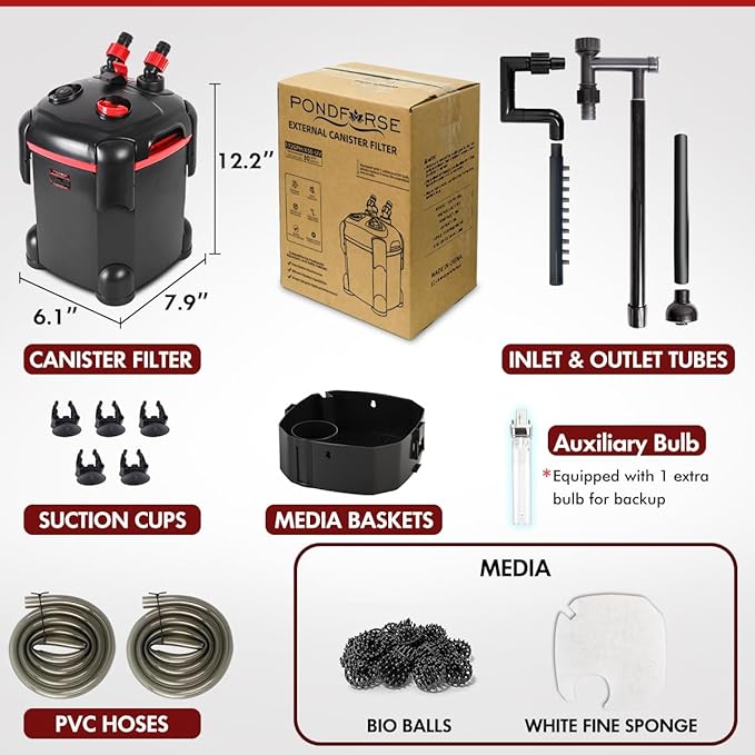 172GPH Canister Filter, External Aquarium Filter Ultra-Quiet Water Circulation Cleaning Machine with Media for Fish Tanks and Aquariums Up to 30 Gallons (172GPH)