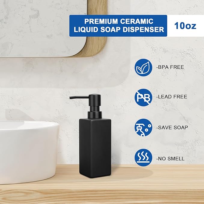 Ceramic White Soap Dispenser with Rust-Proof Plastic Pump for Bathroom10oz Liquid Hand Soap Dispenser for Kitchen