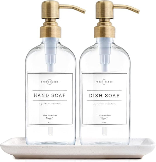 Vine Creations Glass Soap Dispenser, 2 Pack Kitchen Soap Dispenser Set with Ceramic Tray, Stainless Steel Pump, Dish Soap and Hand Soap Dispensers for Bathroom or Kitchen Decor with Waterproof Labels