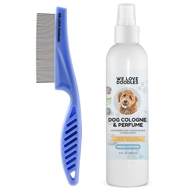We Love Doodles Dog Face Comb and Dog Cologne & Perfume Bundle - Fine Tooth Flea Comb for Dogs and Tear Stain Remover Metal Comb - Deodorizing Pawfume for Pets, Organic, Long Lasting After Bath, Made