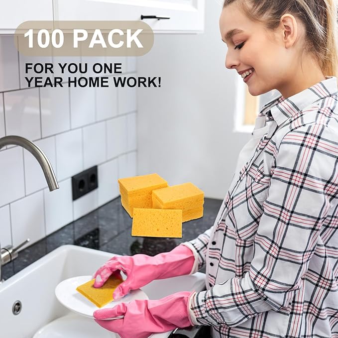 Zhengmy 100 Pieces Kitchen Sponge Bulk Natural Sponges for Dishes Compressed Wood Pulp Sponges Cleaning Sponge Without Scratching for Kitchen Bathroom, 3.9 x 2.4 x 0.12 Inch (Yellow)