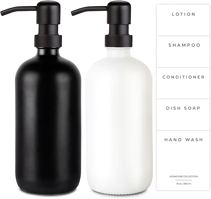 Emerson Essentials Soap Dispenser, Hands and Dishes Bottles, Kitchen Set, Glass Boyylrd with Pump and Labels,16 Ounces, 2-Pack