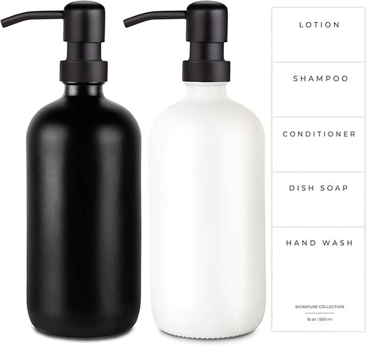 Emerson Essentials Soap Dispenser, Hands and Dishes Bottles, Kitchen Set, Glass Boyylrd with Pump and Labels,16 Ounces, 2-Pack