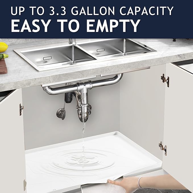 Heavy Duty Silicone Under Sink Mats for Kitchen Waterproof 40" x 22", Extra Thick Under Sink Rubber Mat Drip Tray, Raised Edge Under Sink Liner,Prevent Drips, Leaks, Spills,White