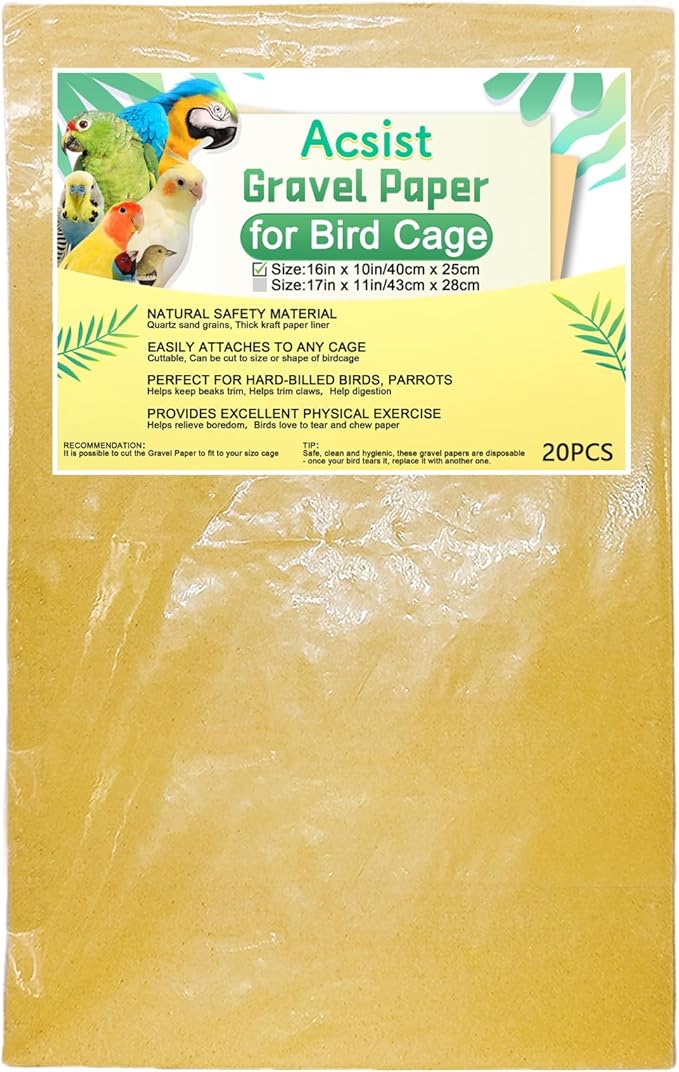20PCS Gravel Paper for Bird Cage, 16 x 10 inch Cuttable Sea Sand Paper Liners, Calcium Sandpaper for Hard-Billed Birds, Bird Cage Liners for Parrots,Cockatiels & All Your Feathered Friends