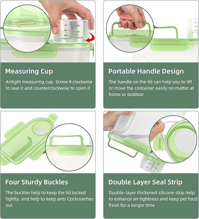 5-7Lbs/6Qt Dog Cat Storage Container Portable with Upgraded Large Spout and Cup, Plastic Pet Food Dispenser for Small Animal Kibble, Bird Seed, Oatmeal, Rice, Flour, Brown Sugart (Clear Green)