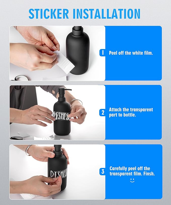 Ceramic Soap Dispenser - Elegant Hand Soap Pump with 4 Labels (Soap, Dishes, Lotion, Hands) - Durable & Stylish Ceramic Design for Kitchen & Bathroom, Refillable Liquid Soap dispenser (Black)